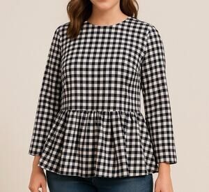 Victoria Beckham x Target Gingham Twill Peplum Top 3/4 Sleeve Navy/White Sz 1X